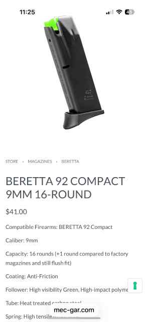 Mecgear BERETTA 92 COMPACT 9MM 16-ROUND magazines