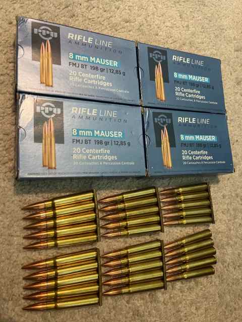 110 rounds 8mm Mauser PPU  198 gr+ stripper clips