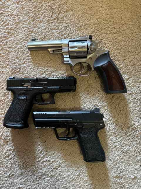 HK45C, Glock 19, GP100 22lr. , BCM 14.5, PSA AR 22