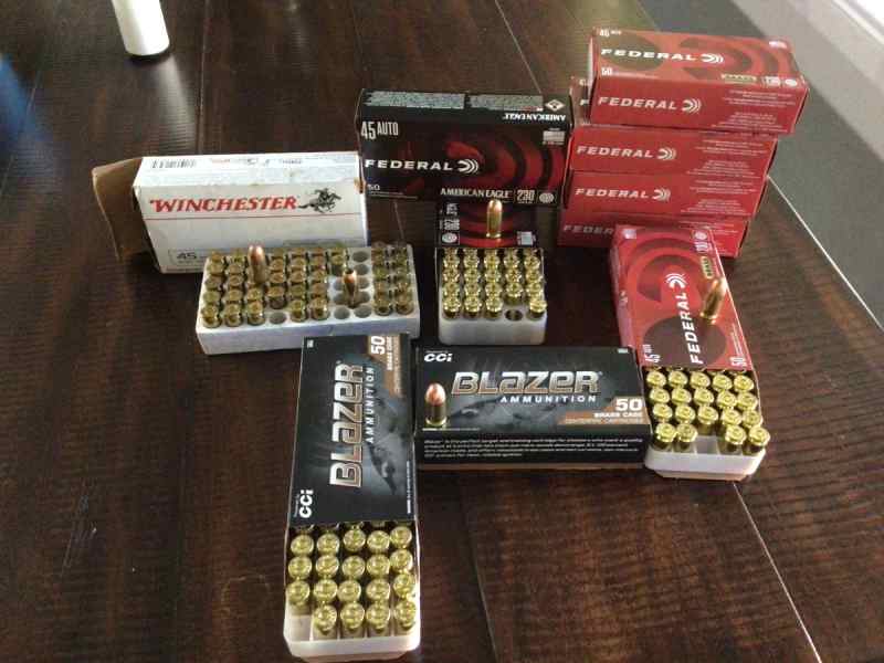 ,45 caliber ammo for sale, various brands 